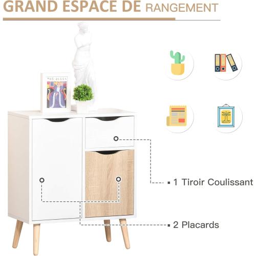 Présentation de Zoom sur Buffet Meuble Rangement Design Scandinave Bois Blanc Chêne