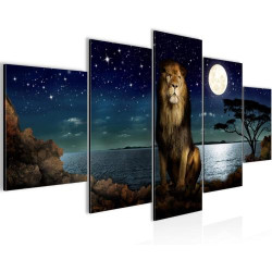 Présentation Tableau Lion Art Africain Toile 5 Parties Ciel Nocturne