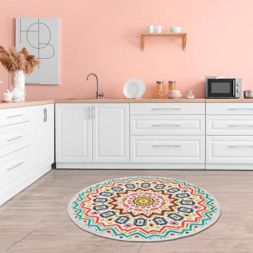 Présentation de Tapis Mandala Rond Lavable Vintage Bohème miqna en situation