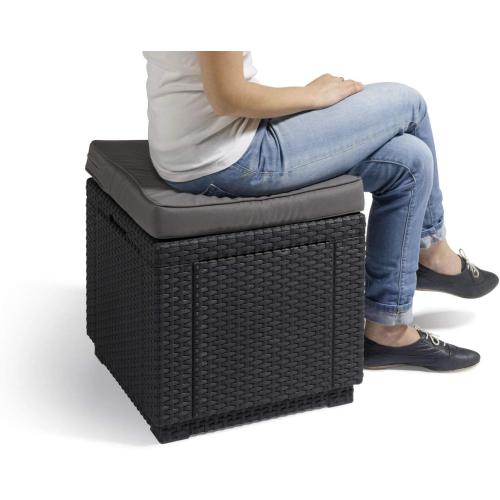 Présentation de Zoom sur Keter Tabouret Cube Rangement Marron, Coussin, Couvercle Amovible