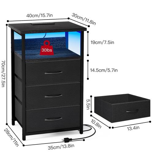 Présentation de Zoom sur Table de nuit noir, station charge USB, tiroirs rangement