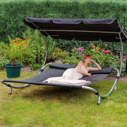 Présentation Chaise Longue Jardin Noir, Bain de Soleil, 2 Places, Pare-Soleil