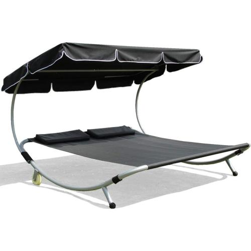 Présentation de Zoom sur Chaise Longue Jardin Noir, Bain de Soleil, 2 Places, Pare-Soleil