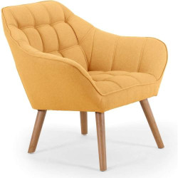 Présentation Fauteuil Scandinave Menzzo, Tissu Jaune, Design Élégant