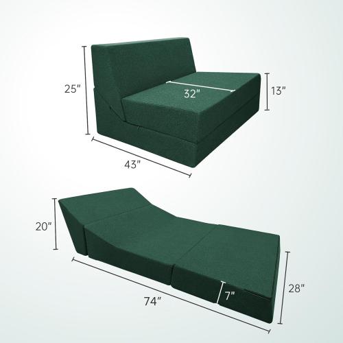 Présentation de Fauteuil futon pliable mousse mémoire, convertible vert foncé en situation