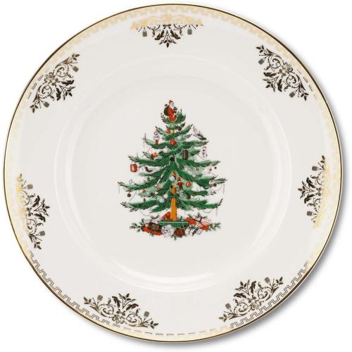 Présentation de Assiettes plates porcelaine motif sapin Noël, lot 4 en situation