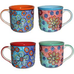 Présentation Tasses à café colorées, motif floral, peintes à la main