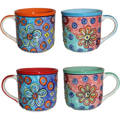 Présentation de Présentation Tasses à café colorées, motif floral, peintes à la main