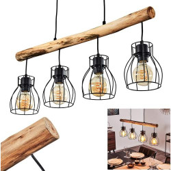 Présentation Suspension Gondo, lampe métal bois noir marron, 4 flammes