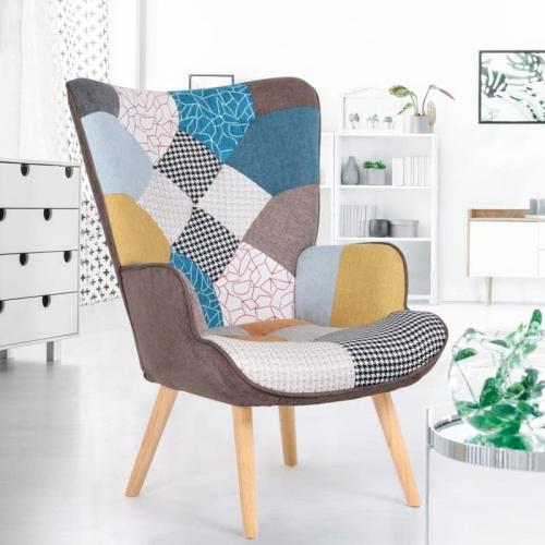 Présentation de Fauteuil scandinave Ivar Tissu Patchwork Multicouleurs en situation