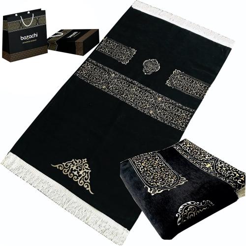 Présentation de Présentation Tapis de prière musulman noir, motif islamique brodé