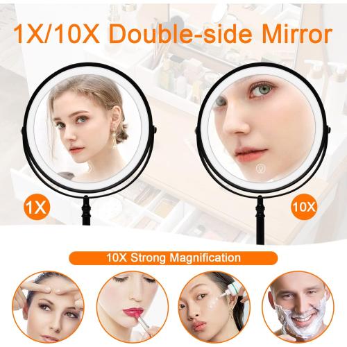 Présentation de Miroir maquillage lumineux noir, grossissant x10, 3 éclairages en situation