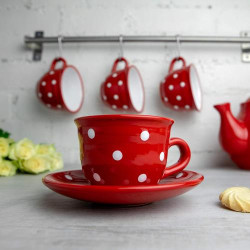 Tasse, sous tasse café, thé, rouge, pois blancs, City to Cottage en situation