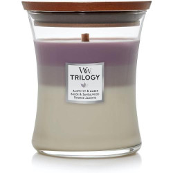 Présentation Bougie WoodWick Sablier, Trilogie Ciel Améthyste, Parfum Unique