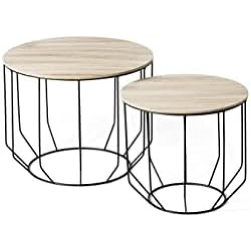 Présentation de Zoom sur Tables Gigognes Bois Métal, Table Basse Design Industriel, Lot de 2