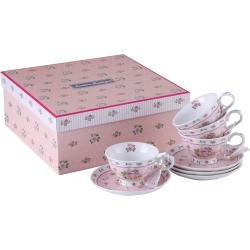 Présentation Coffret 4 Tasses Café Thé, Soucoupes Porcelaine, Rose