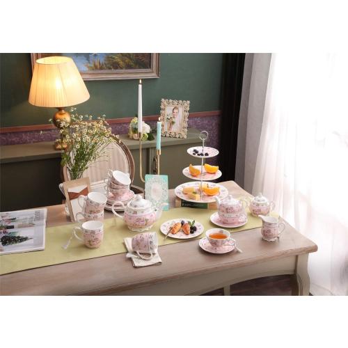 Présentation de Coffret 4 Tasses Café Thé, Soucoupes Porcelaine, Rose en situation