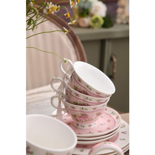 Présentation de Zoom sur Coffret 4 Tasses Café Thé, Soucoupes Porcelaine, Rose