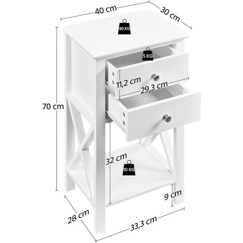 Présentation de Zoom sur Tables de Chevet Yaheetech Blanc, 2 Tiroirs, Étagère