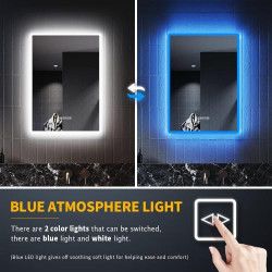 Miroir salle de bain Bluetooth rétroéclairé, LED ambiance bleue en situation