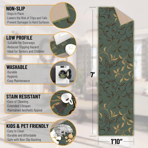 Présentation de Zoom sur Tapis de Couloir Ottohome, Motif Feuilles, Vert Écume