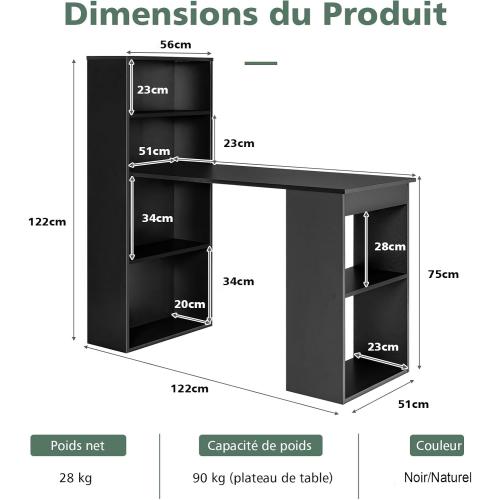 Présentation de Zoom sur Bureau d'Ordinateur Réversible Noir, Étagères de Rangement