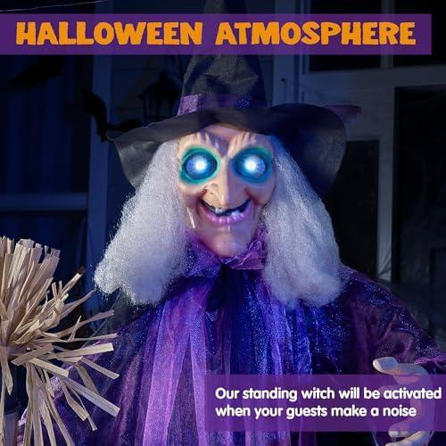 Présentation de Zoom sur Sorcière Animatronique Halloween, Yeux Lumineux, Mobile