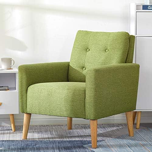 Présentation de Fauteuil Scandinave Vert en Polyester Pieds Bois Massif Moderne en situation