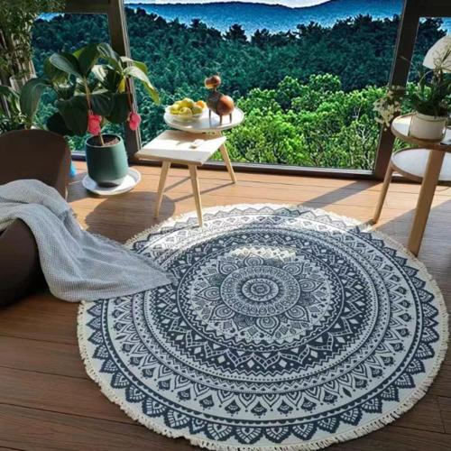 Présentation de Zoom sur Tapis Mandala Indien Coton, Antidérapant, Boho, Rond