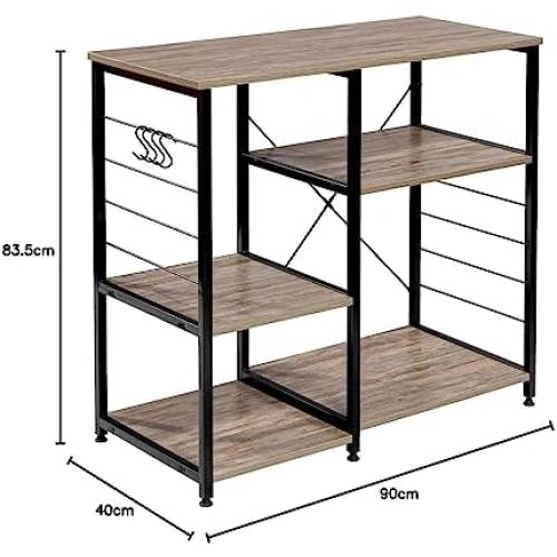 Présentation de Étagère Cuisine Micro-Ondes Métal Bois, Rangement 5 Tablettes Noir Hêtre en situation