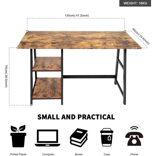 Présentation de Zoom sur Bureau Oak, Tea, Rangement, 2 Étagères Amovibles, Métal