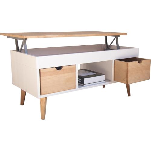 Présentation de Zoom sur Table Basse Relevable, 2 Tiroirs, Bois Massif Blanc