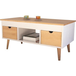 Table Basse Relevable, 2 Tiroirs, Bois Massif Blanc en situation