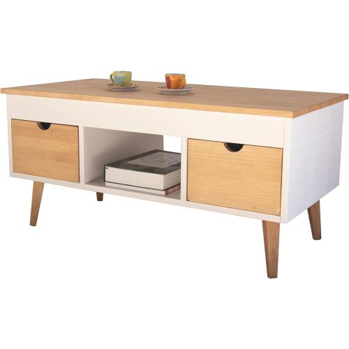 Présentation de Table Basse Relevable, 2 Tiroirs, Bois Massif Blanc en situation