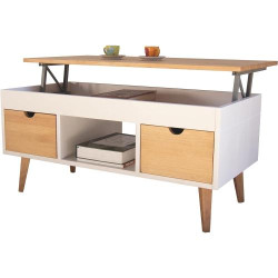 Présentation Table Basse Relevable, 2 Tiroirs, Bois Massif Blanc