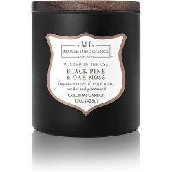 Présentation Bougie Manly Indulgence Soja Pin Noir, Mousse Chêne