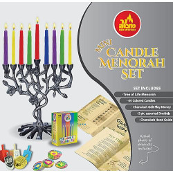 Menorah Hanukkah Arbre de Vie, Ensemble Antique, Bougies, Dreidels en situation