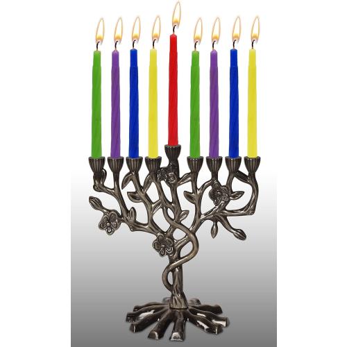 Présentation de Zoom sur Menorah Hanukkah Arbre de Vie, Ensemble Antique, Bougies, Dreidels