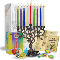 Présentation Menorah Hanukkah Arbre de Vie, Ensemble Antique, Bougies, Dreidels