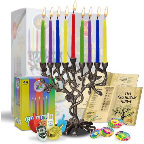 Présentation de Présentation Menorah Hanukkah Arbre de Vie, Ensemble Antique, Bougies, Dreidels