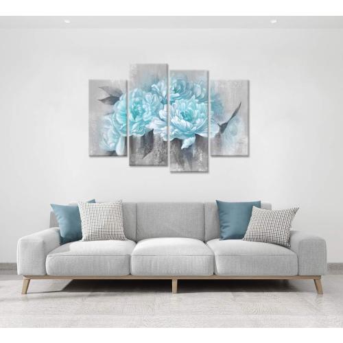 Présentation de Zoom sur Tableau Abstrait Floral Sarcelle Drop Master, 4 Panneaux