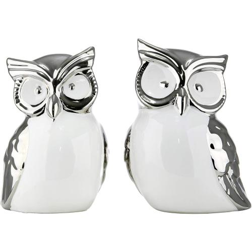 Présentation de Zoom sur Figurine Décoration Hibou Céramique Blanc Argent Gilde