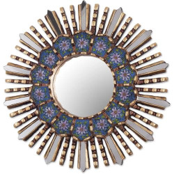 Présentation Miroir mural bois peint, motif floral, bleu métallisé