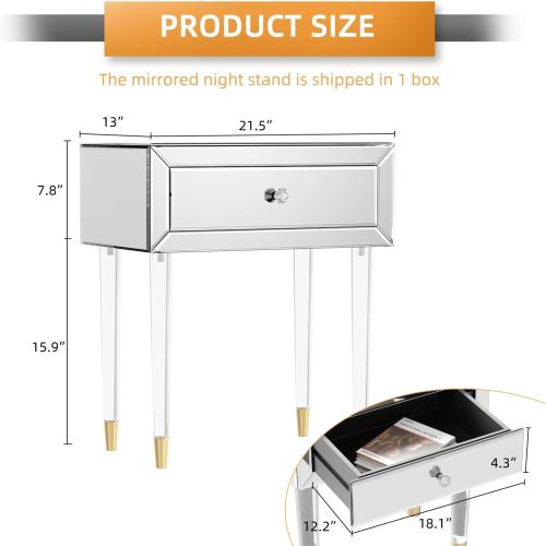 Présentation de Table de chevet moderne Muiity, miroir, tiroir, argenté en situation