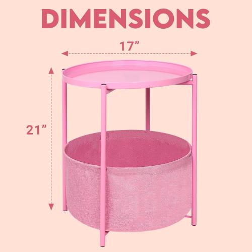 Présentation de Table d'appoint ronde rose, rangement, plateau amovible en situation