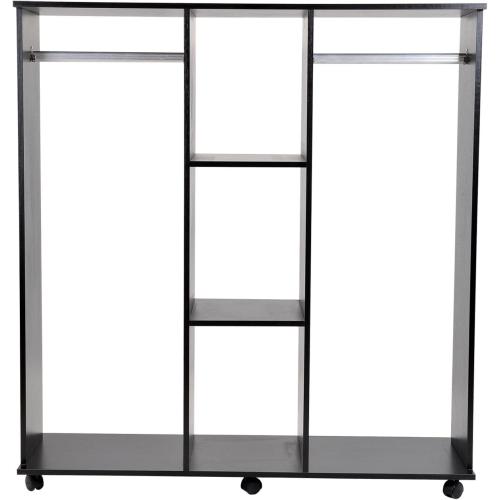 Présentation de Zoom sur Armoire penderie mobile, meuble rangement, bois noir, 6 roulettes