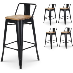 Présentation Tabourets de Bar Métal Noir Mat, Style Industriel, Dossier, Bois Clair