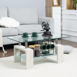 Table basse moderne, 2 niveaux, verre, bois, acier, blanc en situation