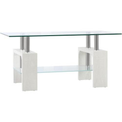 Présentation Table basse moderne, 2 niveaux, verre, bois, acier, blanc