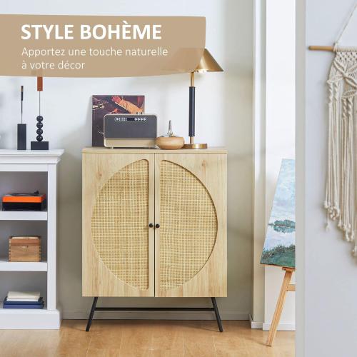 Présentation de Zoom sur Meuble Rangement Buffet Haut Bois Cannage Design Naturel